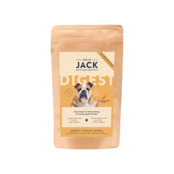Emballage de friandises pour chiens Hello Jack Digest avec image d'un bouledogue, goût beurre de cacahuète et texte sur le soutien de la digestion.