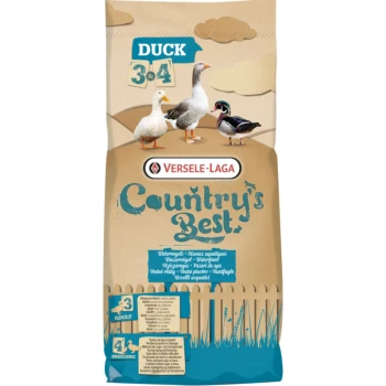 Sac de nourriture pour canards étiqueté "Country's Best" par Versele-Laga, présentant des images de quatre canards et des détails nutritionnels pour les adultes et la reproduction.