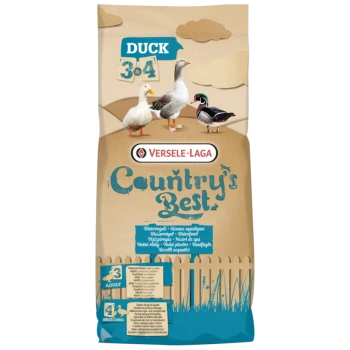 Sac de nourriture pour canards étiqueté "Country's Best" par Versele-Laga, présentant des images de quatre canards et des détails nutritionnels pour les adultes et la reproduction.