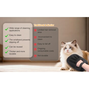 Haustier-Pflegehandschuh mit Handgelenksband für einfache Reinigung und Wiederverwendung, im Vergleich zu herkömmlichen Haarentfernungswerkzeugen, gezeigt an einem Hund.