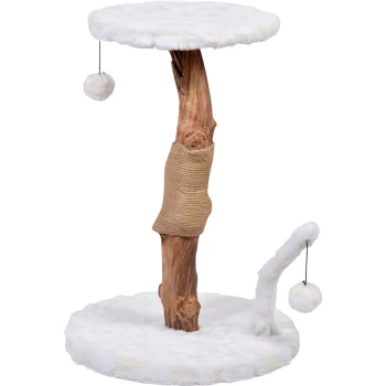 Design-Kratzbaum "Lilly", Weiß Katzenbaum mit einer plüschigen weißen Basis, einem natürlichen Holzstamm und zwei hängenden Pompons zum Spielen.