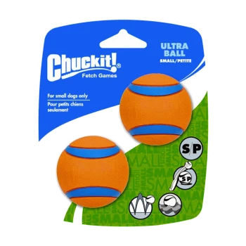 Zwei kleine orange und blaue Bälle mit der Aufschrift "Chuckit! Ultra Ball" für kleine Hunde, mit Text, der "Fetch Games" und "Nur für kleine Hunde" angibt.