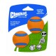 Deux petites balles orange et bleue étiquetées "Chuckit! Ultra Ball" pour petits chiens, avec un texte indiquant "Jeux de rapport" et "Pour petits chiens uniquement."