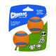 Zwei kleine orange und blaue Bälle mit der Aufschrift "Chuckit! Ultra Ball" für kleine Hunde, mit Text, der "Fetch Games" und "Nur für kleine Hunde" angibt.