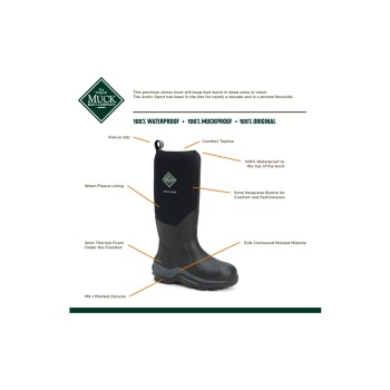Schwarzer Winterstiefel mit Fleece-Futter und Neopren-Obermaterial, gekennzeichnet mit Eigenschaften wie "100% wasserdicht" und "Komfortoberkante."