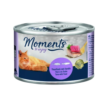 Boîte de nourriture pour chat étiquetée "Moments à savourer", présentant une boîte avec un chat orange et un plat de thon avec de la truite sur une fourchette.