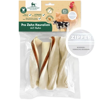 Hundekaurollen mit Huhn, verpackt in einem wiederverschließbaren Beutel. Enthält Text: 'Pro Zahn Kaurollen mit Huhn,' '2% Fett,' und 'Ohne Zuckerzusatz.'