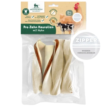 Hundekaurollen mit Huhn, verpackt in einem wiederverschließbaren Beutel. Enthält Text: 'Pro Zahn Kaurollen mit Huhn,' '2% Fett,' und 'Ohne Zuckerzusatz.'