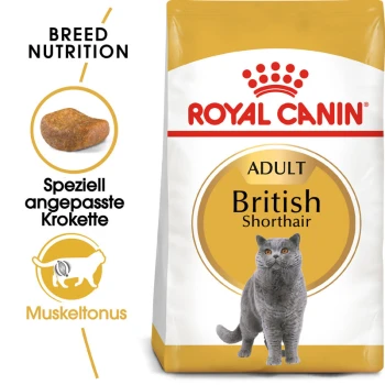 British Shorthair Adult 400 g Royal Canin Adult British Shorthair Katzenfuttertüte mit einer grauen British Shorthair Katze, mit Text, der die Rassenernährung und spezielle Kroketten hervorhebt.