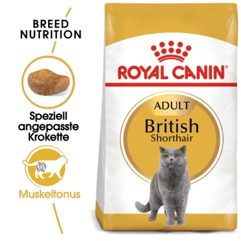 Royal Canin Adult British Shorthair Katzenfuttertüte mit einer grauen British Shorthair Katze, mit Text, der die Rassenernährung und spezielle Kroketten hervorhebt.