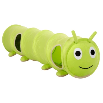 Grünes Plüschraupentunnelspielzeug für Haustiere, mit mehreren Öffnungen und einem lächelnden Gesichtdesign.