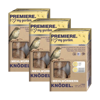 Trois boîtes de boules de nourriture pour oiseaux étiquetées "Première. J'aime mon jardin" avec une illustration d'oiseau, contenant des vers de farine et des détails nutritionnels.