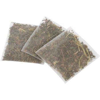 Three mesh sachets filled with dried herbs, leaves and stems for small pets.
