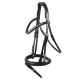 Schwarzes Lederpferdegeschirr mit dekorativen Strassdetails, das verstellbare Riemen und ein elegantes Design zeigt.
