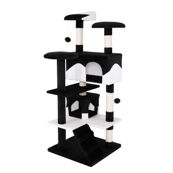 Kratzbaum, Höhe 130 cm schwarz/ weiß Schwarz-weißer Katzenbaum mit mehreren Ebenen, Kratzpfosten und hängenden Spielzeugen, entworfen für das Spielen und Entspannen von Katzen.