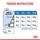 Feeding instructions chart for dogs, detailing food amounts based on weight (1-10 kg) and activity level, with water icon and energy info.