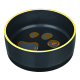 Schwarze Haustierfutterschüssel mit einem gelben Rand, mit Pfotenabdruckdesigns in Gold auf der Innenseite.