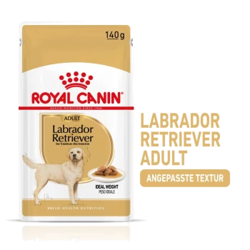 Royal Canin Labrador Retriever Adult Hundefutterverpackung, mit einer Illustration eines goldenen Labradors, 140g Größe, und Text, der "Ideales Gewicht" hervorhebt.