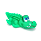 Grünes Krokodil-Hundespielzeug im Cartoon-Stil mit großen blauen Augen und weißen Zähnen auf weißem Hintergrund.