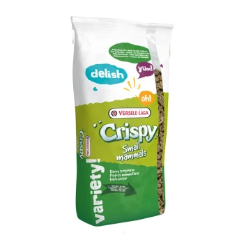 Un sac de nourriture Crispy Versele-Laga pour petits mammifères, avec un texte coloré contenant "delish," "yum!" et "oh!" sur un fond vert et blanc.