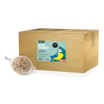 Schachtel mit Erdtmanns Classic Fettknödeln für Vögel, 5100g, 60 Stück, mit blau-gelber Vogelillustration auf dem Etikett.