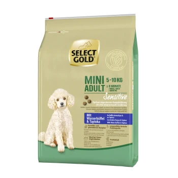 Sensitive Mini Adult Wasserbüffel 4 kg Select Gold Mini Adult Hundefutterbeutel, 5-10 kg, für empfindliche Hunde, mit einem Pudel und dem Hinweis 'Mit Wasserbüffel & Tapioka.'