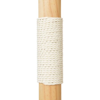 A close-up of a wooden cat scratching post wrapped in white sisal rope, designed for pet scratching and climbing.