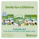 Whimzees dog dental treats packages and tub on green background with text "Smile for a lifetime" and "Treats that care."