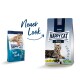Zwei Happy Cat Futterbeutel: große Rasseformel links, kulinarisches Geflügel rechts. Text hebt "Neuer Look" und "Culinary 1+ Jahre" hervor.