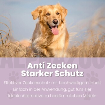ALPHAZOO Force Zeck-Attack Zeckenabwehrspray für Haustiere, das seine präventive Verwendung und Eignung für Hunde und Katzen hervorhebt.