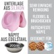 Rosa Silikon-Hundematte mit einer Edelstahl-Schüssel, die mit "200ml" beschriftet ist. Der Text hebt die einfache Reinigung, Flexibilität und rutschfeste Eigenschaften hervor.