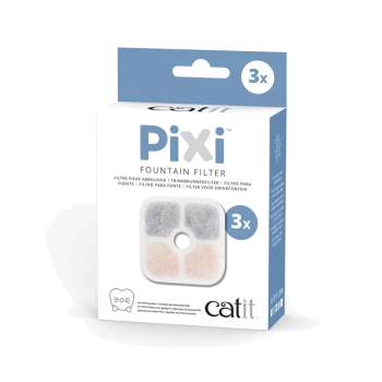 Pack of three Catit Pixi Fountain Filters, featuring a white box with a gray and pink filter design and multilingual text.