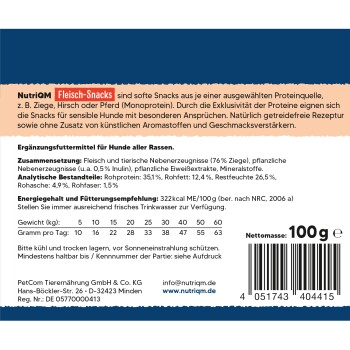 Etikett von NutriQM Fleisch-Snacks für Hunde auf Deutsch mit Produktname, Zutaten, Fütterungstabelle, Barcode und 'Nettomasse: 100 g'