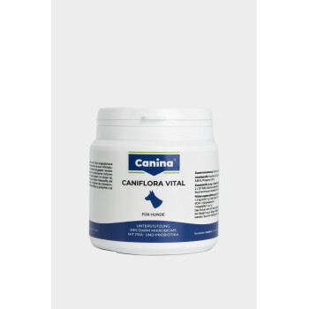 Weißes Glas der Canina Caniflora Vital Hundeergänzung mit der Beschriftung „Canina“, „CANIFLORA VITAL“ und „FÜR HUNDE“.