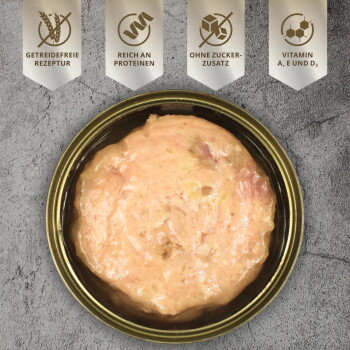Nassfutter für Haustiere in einer goldenen Dose, glatte rosa Paste, getreidefrei, proteinreich, zuckerfrei, mit den Vitaminen A, E und D3.