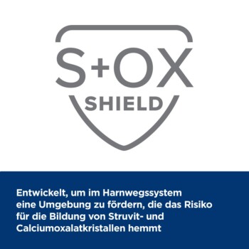 S+OX Shield-Logo mit einem Schild; deutscher Text hebt seine Rolle bei der Reduzierung von Struvit- und Calciumoxalatkristallen hervor.