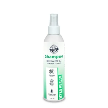 Shampoo gegen Hautpilze, 250 ml Flasche, beschriftet mit "Myko Health", mit Sprühdüse und grünem Farbverlauf-Design.