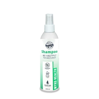 Shampoo gegen Hautpilze, 250 ml Flasche, beschriftet mit "Myko Health", mit Sprühdüse und grünem Farbverlauf-Design.