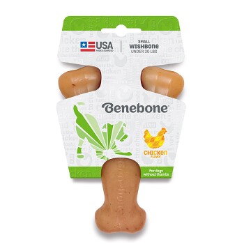 Small chicken-flavored wishbone chew toy for dogs under 30 lbs, labeled "Benebone," made in the USA.
