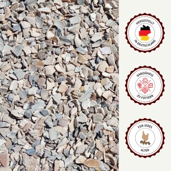 Weißer Eimer Supravit Hühnergrit Hühnerfutterergänzung mit deutschem Text und Qualitätssiegeln.