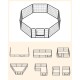 Illustration eines vielseitigen achteckigen Spielzauns für Haustiere mit einem Tor, das rechteckige und dreieckige Konfigurationen zeigt.