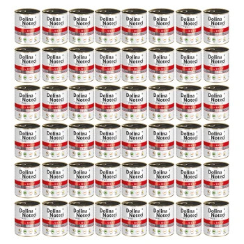 Puszki karmy dla zwierząt Dolina Noteci ułożone w siatkę, z czerwoną i białą etykietą z napisem "Dolina Noteci" i "PREMIUM BEEF."