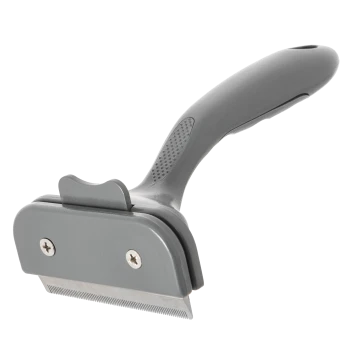 Gray pet deshedding brush with ergonomic handle and metal teeth, two screws visible, on black background.