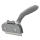 Gray pet deshedding brush with ergonomic handle and metal teeth, two screws visible, on black background.