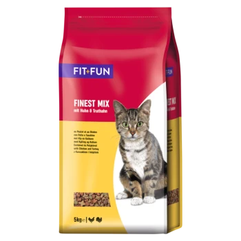 Sac de nourriture pour chat étiqueté "FIT+FUN FINEST MIX mit Huhn & Truthahn," avec une image de chat tigré et de croquettes, taille 5kg.