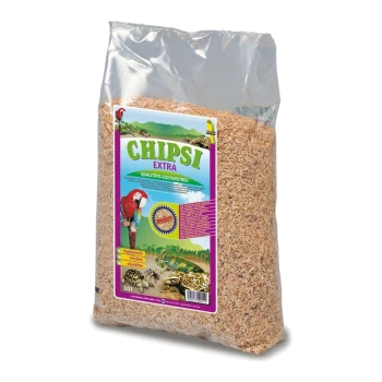Klare Tüte Einstreu aus Holzspänen mit Aufdruck 'CHIPSI EXTRA', Papageien- und Reptilienbildern, 10 L