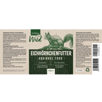 Aniforte Wild Eichhörnchenfutter Etikett mit einer Eichhörnchenillustration, die Zutaten, Nährwertinformationen und Fütterungshinweise auflistet.