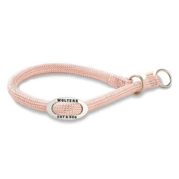 Pink geflochtenes Haustierhalsband mit Metallanhänger mit der Aufschrift "WOLTERS CAT & DOG" und zwei Metallringen.