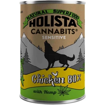 Nourriture pour chiens en conserve étiquetée "Holista Cannabits Sensitive," présentant une silhouette de chien, avec 80 % d'ingrédients de poulet et de chanvre.