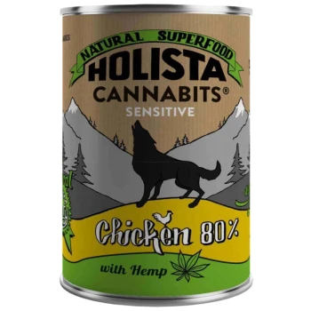 Dosenfutter für Hunde mit der Aufschrift "Holista Cannabits Sensitive", mit einer Silhouette eines Hundes, mit 80% Huhn und Hanf-Zutaten.